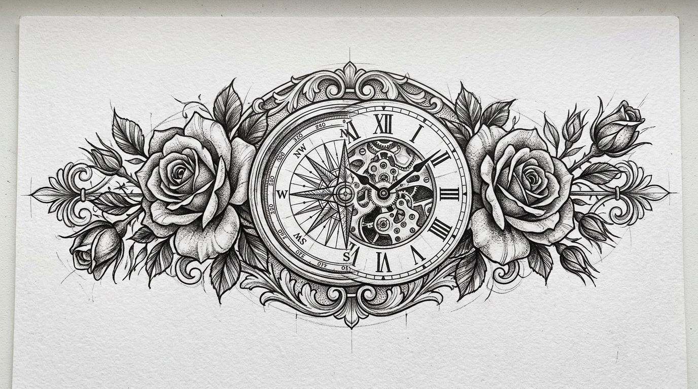Эскиз тату на предплечье — часы и компас с розами, детализированный чёрно-белый рисунок