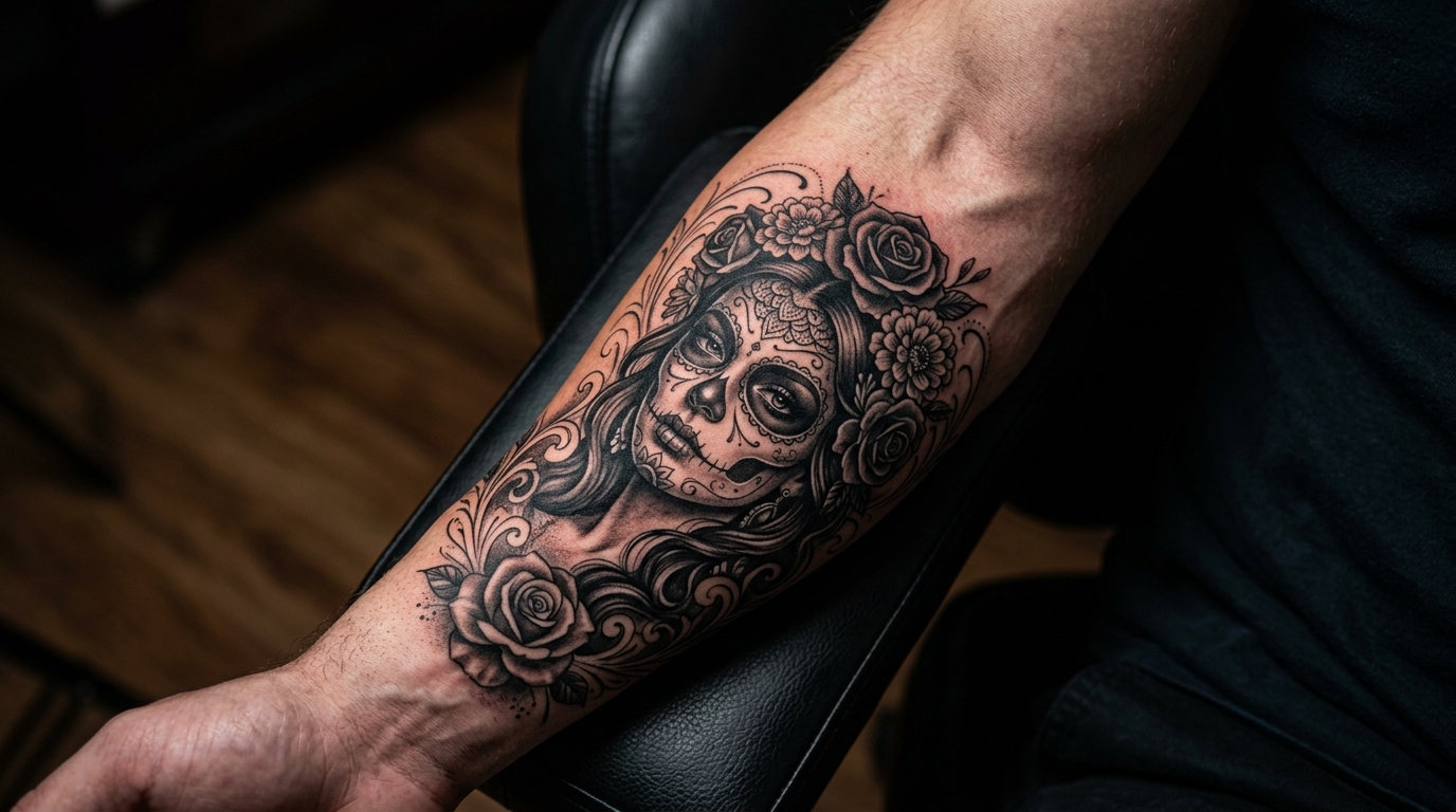 Тату на предплечье в стиле чикано — портрет девушки с сахарным черепом, чёрно-серая техника