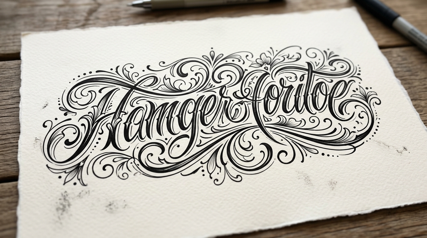 Эскиз тату-надписи на предплечье — каллиграфический шрифт, декоративное оформление