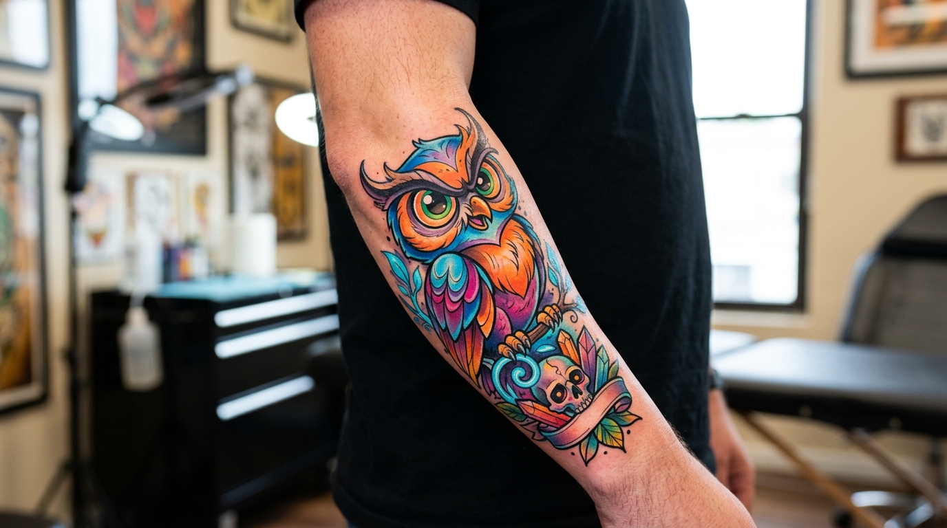Тату на предплечье в стиле нью-скул — яркая цветная сова с утрированными пропорциями