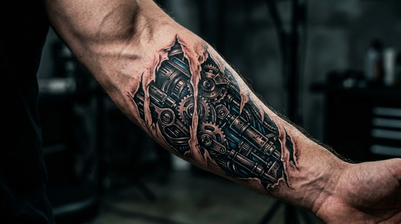 Тату биомеханика на предплечье — механизмы под разорванной кожей