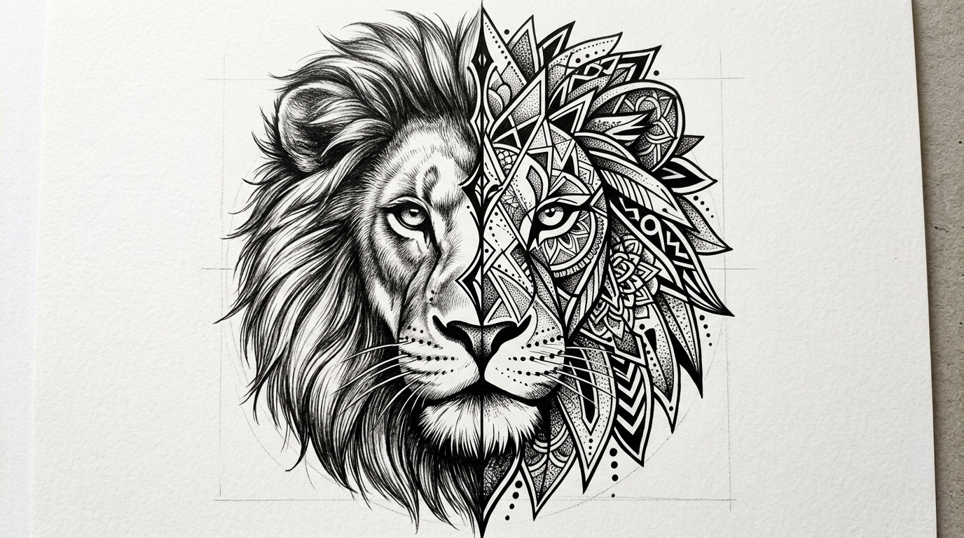 Эскиз тату льва для предплечья — половина реалистичная, половина геометрическая