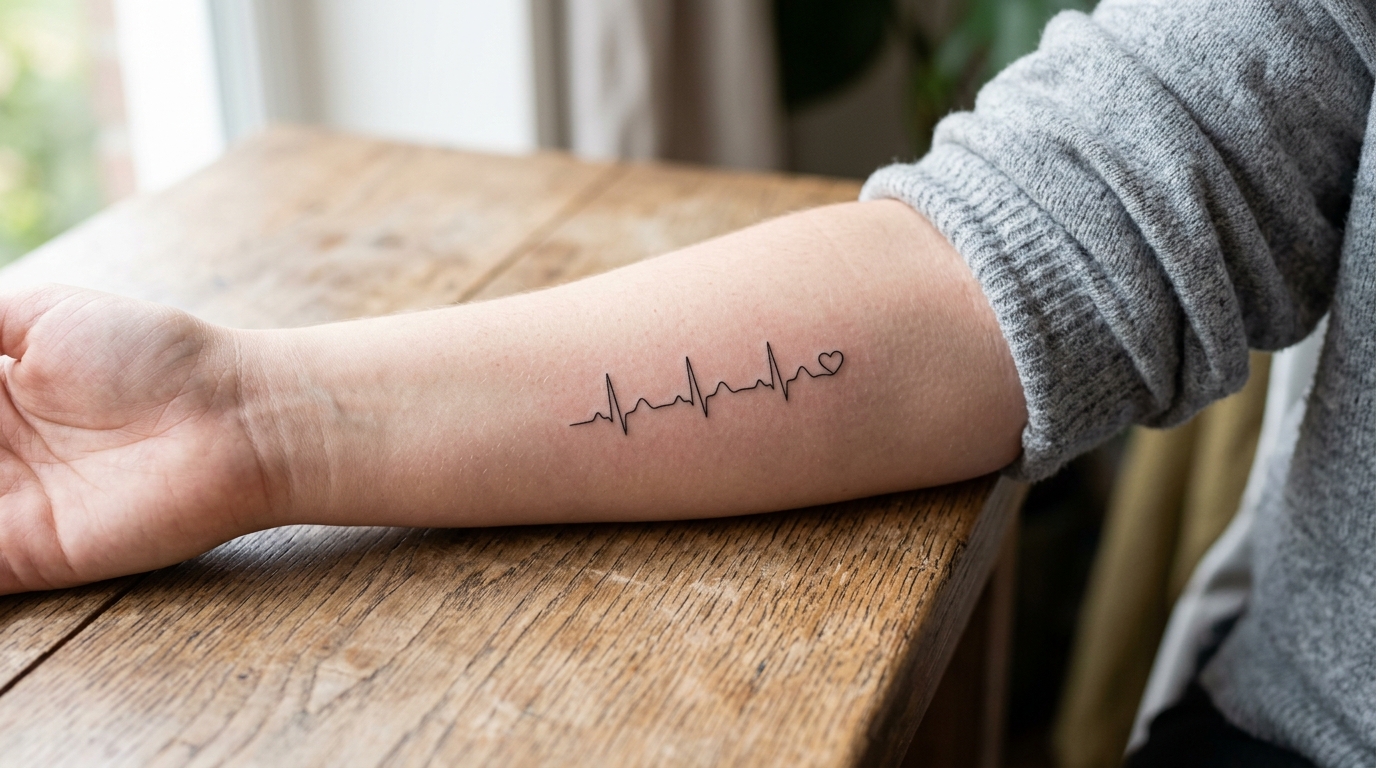 Маленькая тату на предплечье — линия пульса с сердечком, тонкая работа