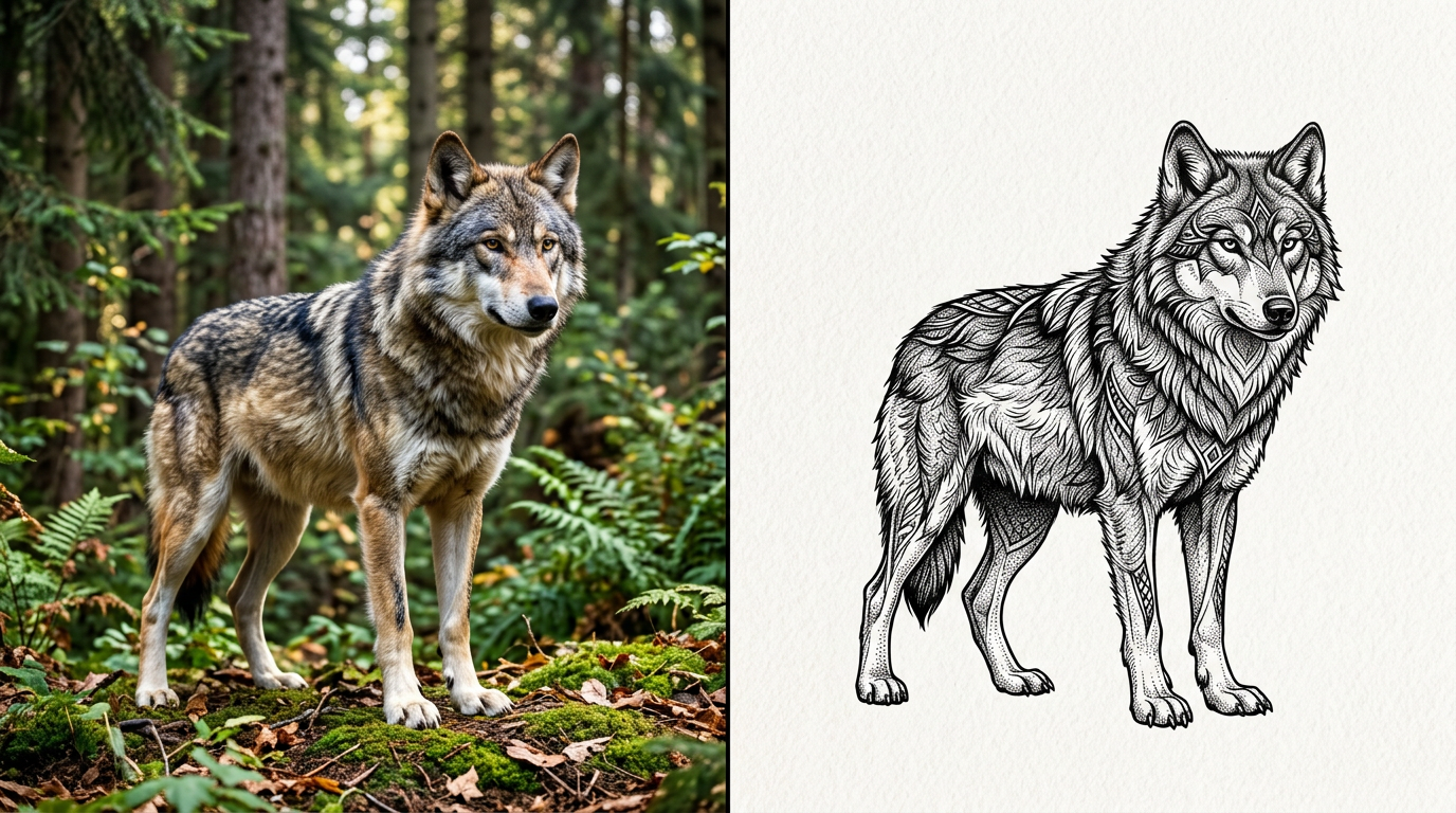 Сравнение: фотография волка и тату-эскиз по этой фотографии в стиле графика
