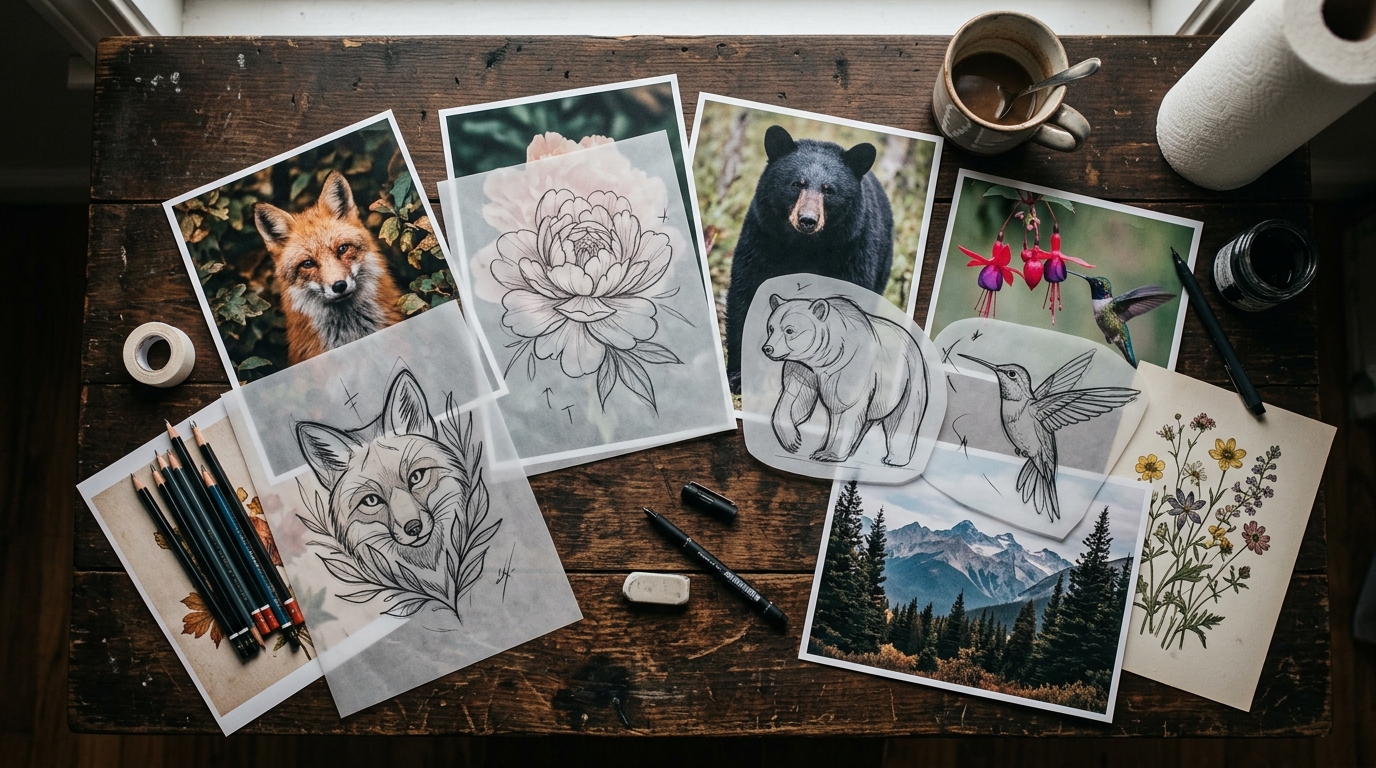 Рабочее место тату-мастера: фотографии-референсы, эскизы на кальке, чернила и карандаши