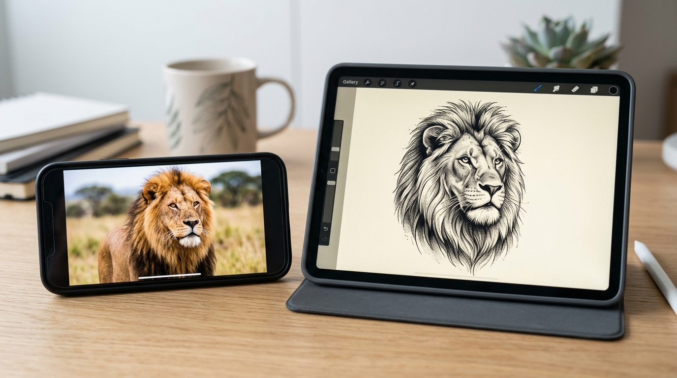 Процесс создания тату-эскиза с помощью ИИ: от фотографии на смартфоне к эскизу на экране