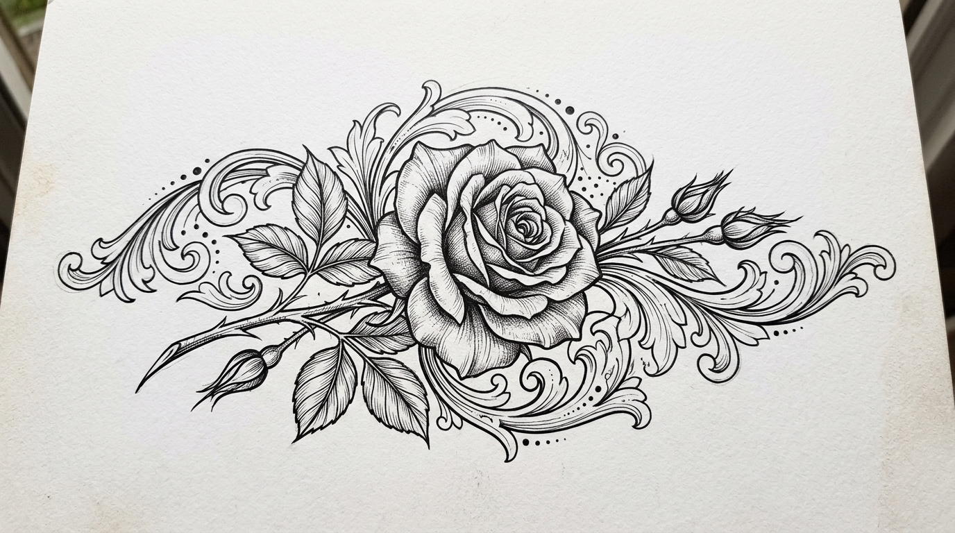 Тату-эскиз розы в стиле графика: чёткие контуры, штриховка, чёрные чернила