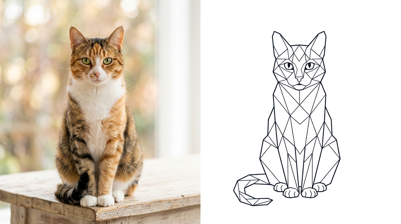 Геометрический тату-эскиз кошки из линий и треугольников рядом с фотографией