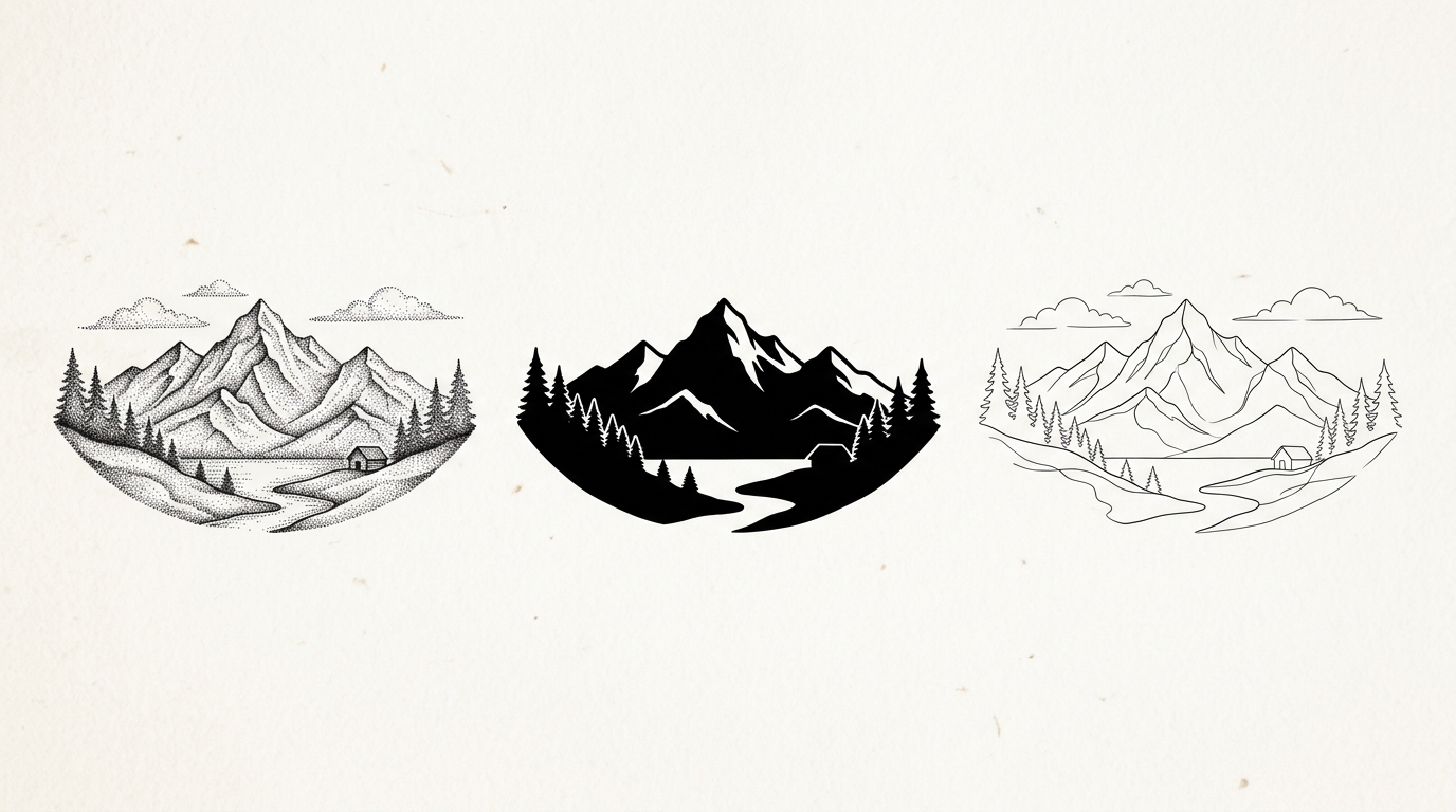 Три варианта тату-эскиза одного пейзажа в разных стилях: дотворк, блэкворк, файнлайн