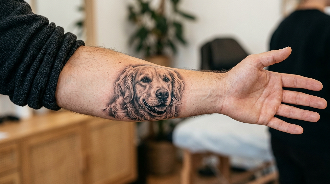 Фотореалистичная татуировка портрета собаки породы золотистый ретривер на предплечье