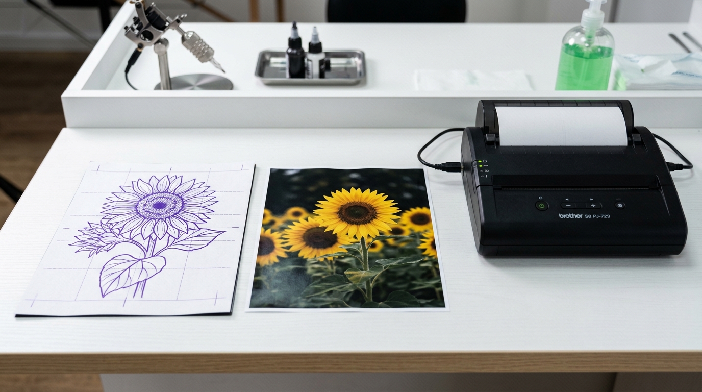 Трафарет на трансферной бумаге рядом с термопринтером и фотографией-референсом