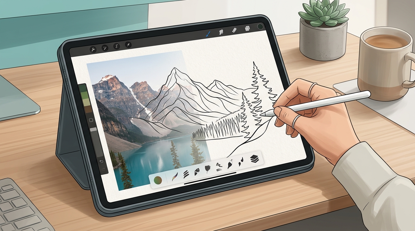 Цифровая обрисовка фотографии на планшете iPad Pro с Apple Pencil в Procreate