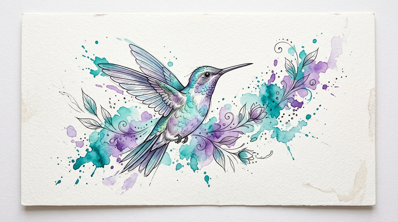 Акварельный тату-эскиз колибри с яркими брызгами бирюзового и фиолетового цвета