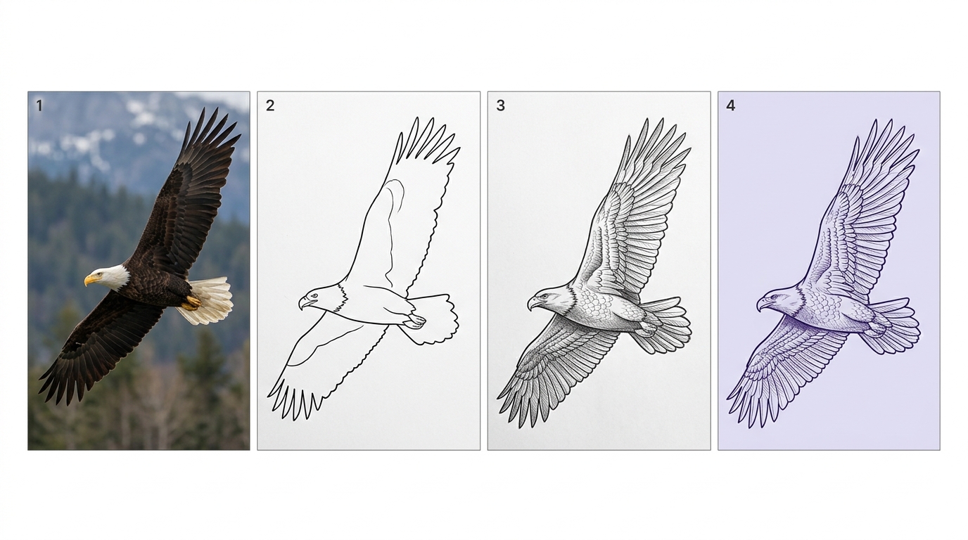 Четыре этапа превращения фотографии орла в тату-трафарет: фото, контуры, эскиз, стенсил