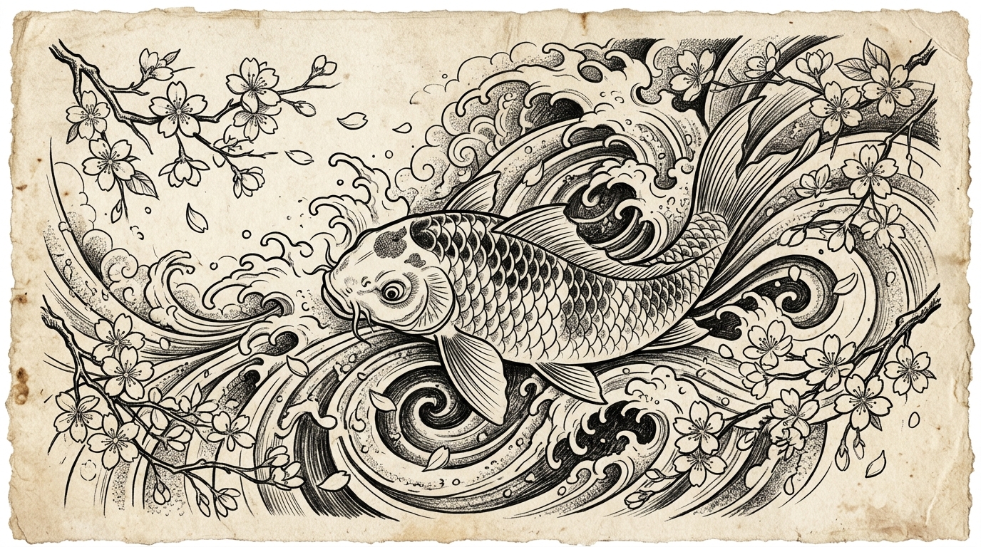 Тату-эскиз в японском стиле ирэдзуми: карп кои с волнами и цветами сакуры