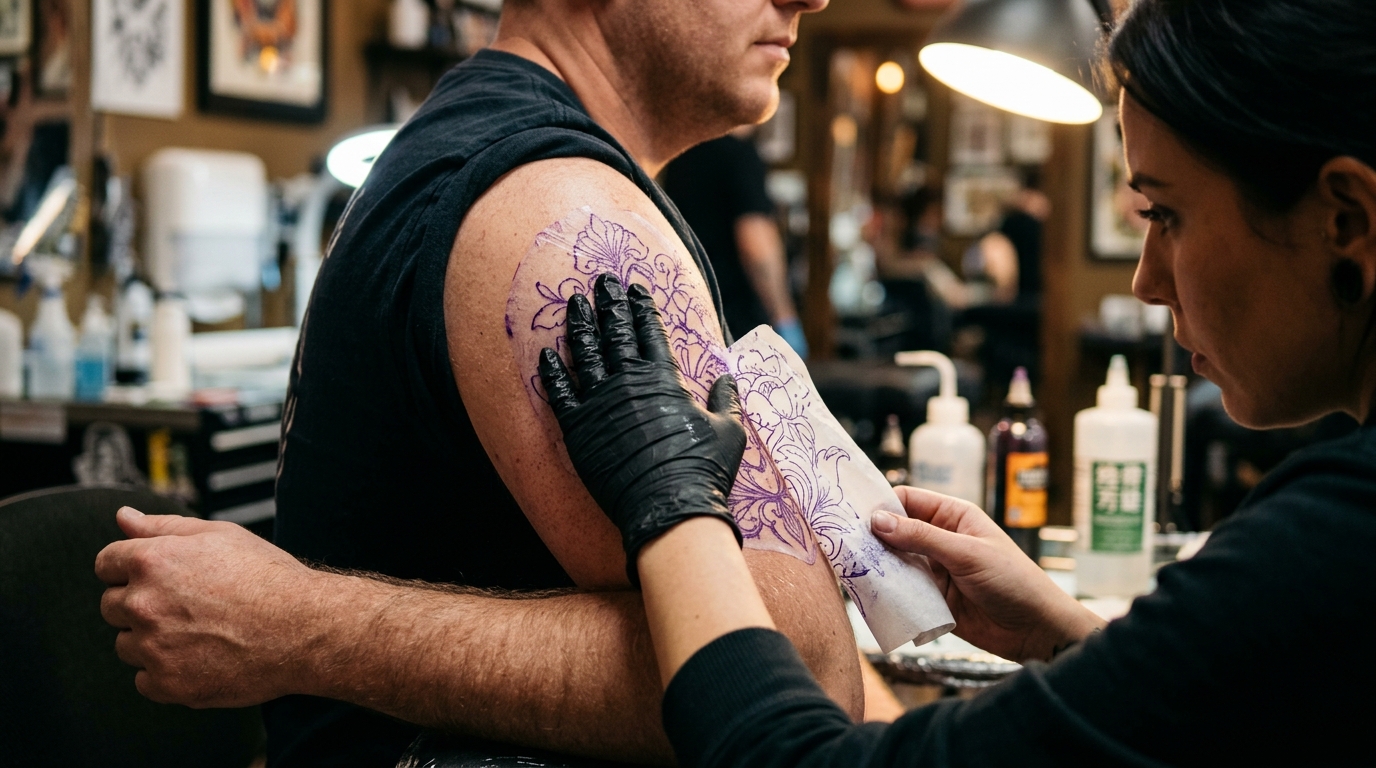 Тату-мастер переносит трафарет с бумаги на плечо клиента