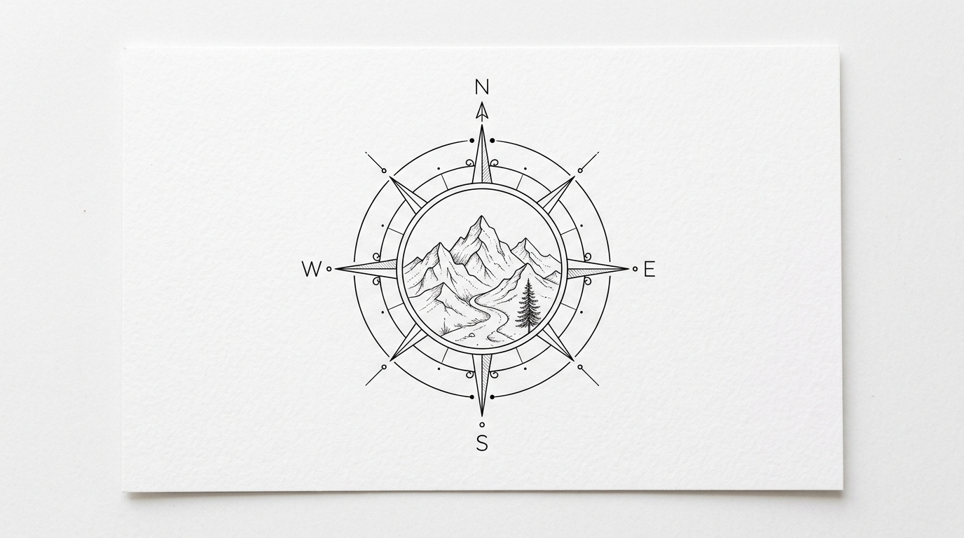 Минималистичный файнлайн тату-эскиз компаса с горами внутри круга