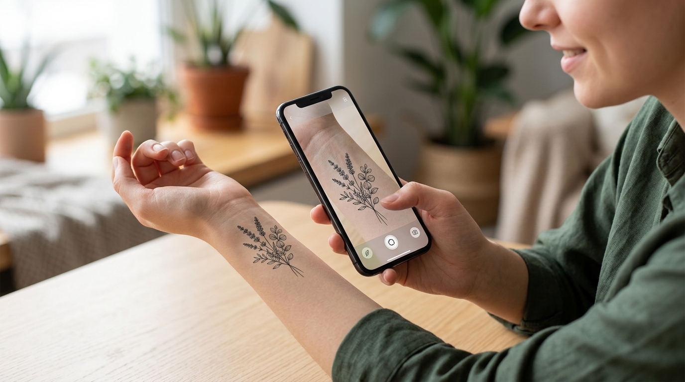 Виртуальная примерка тату через смартфон: ботанический рисунок на запястье через AR