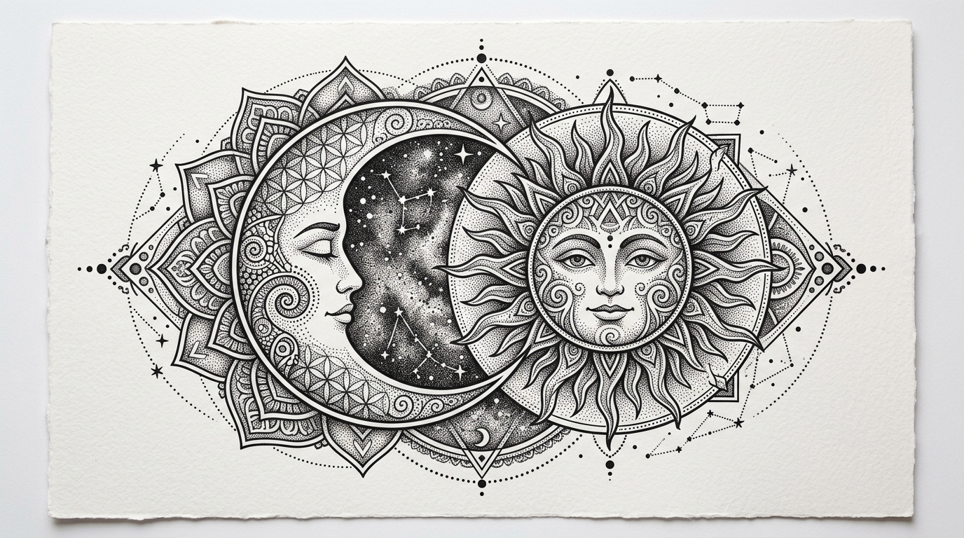 Тату-эскиз в стиле дотворк: солнце и полумесяц из точек, сакральная геометрия