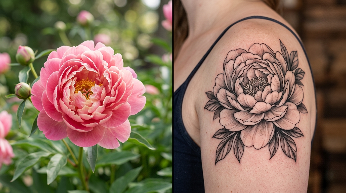 Сравнение: фотография цветущего пиона и реалистичная чёрно-серая татуировка пиона на коже