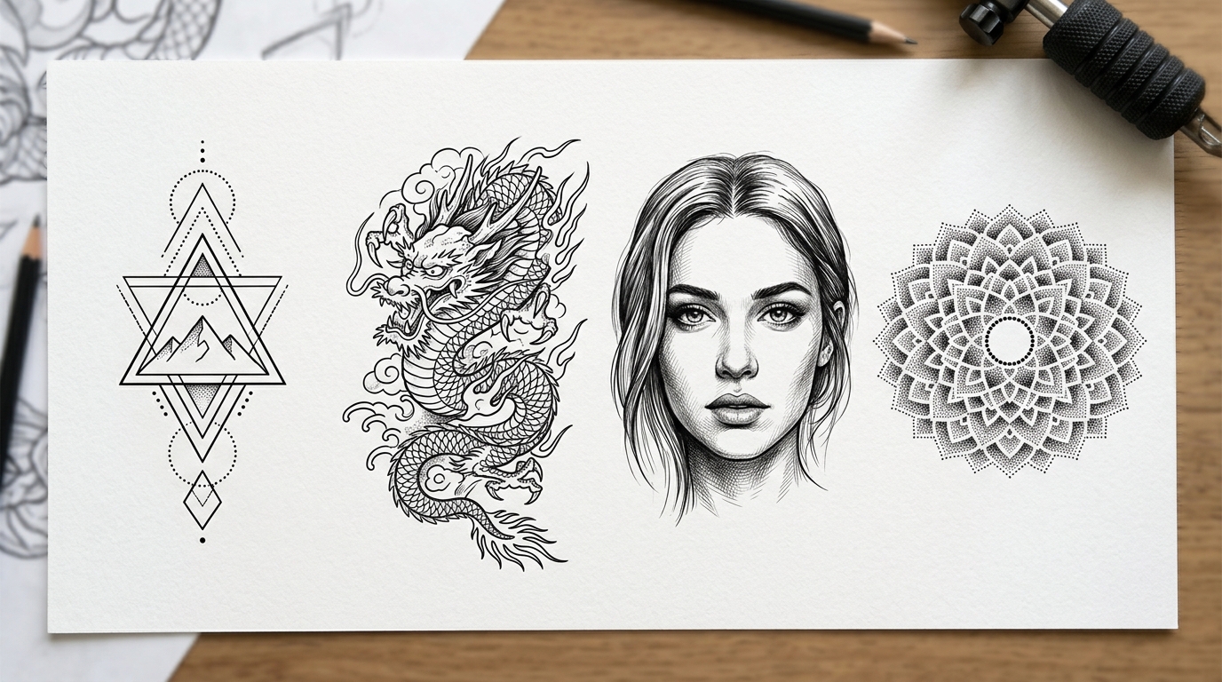 Сравнение стилей тату-эскизов: минимализм, японский, реализм и дотворк
