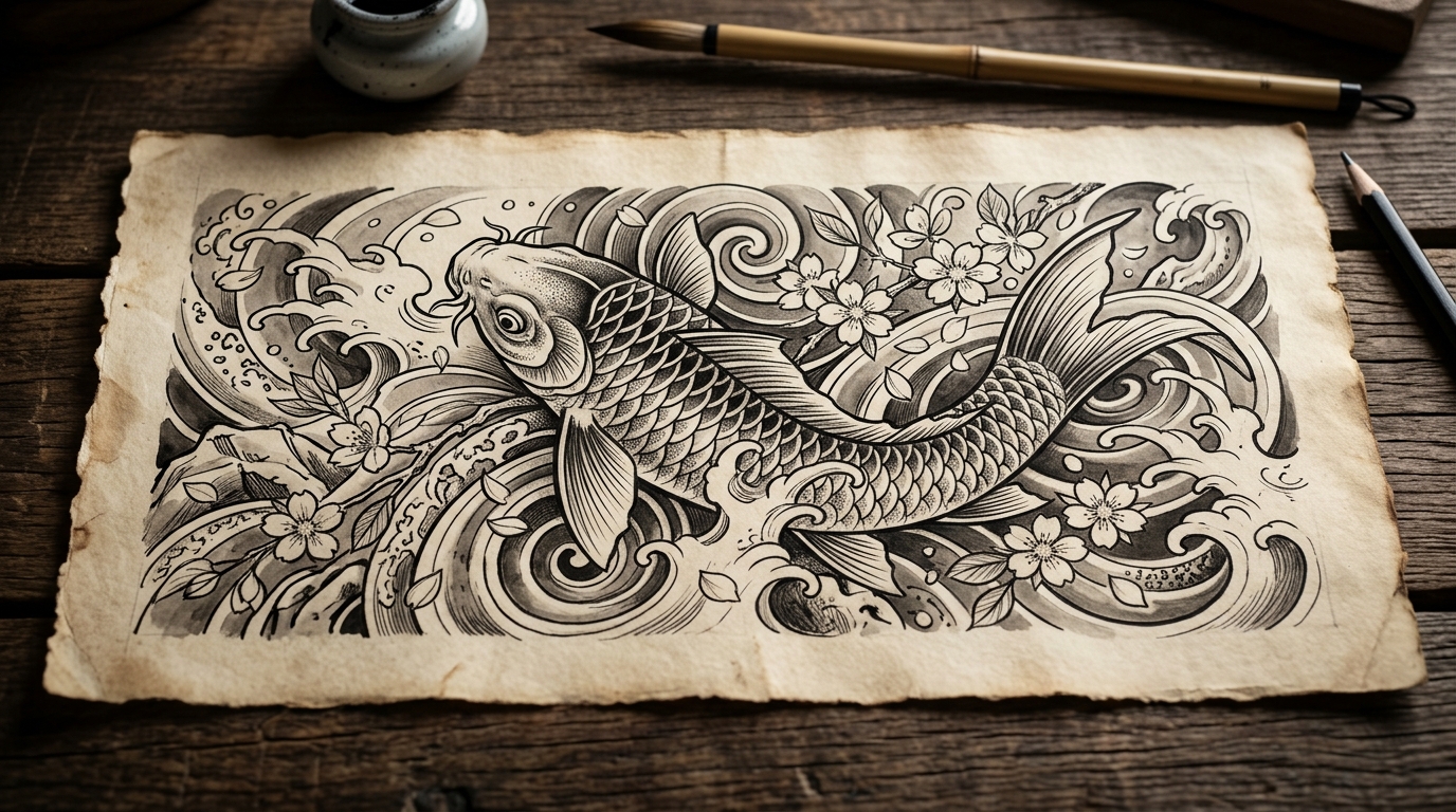 Эскиз тату в японском стиле: карп кои с волнами и цветущей сакурой