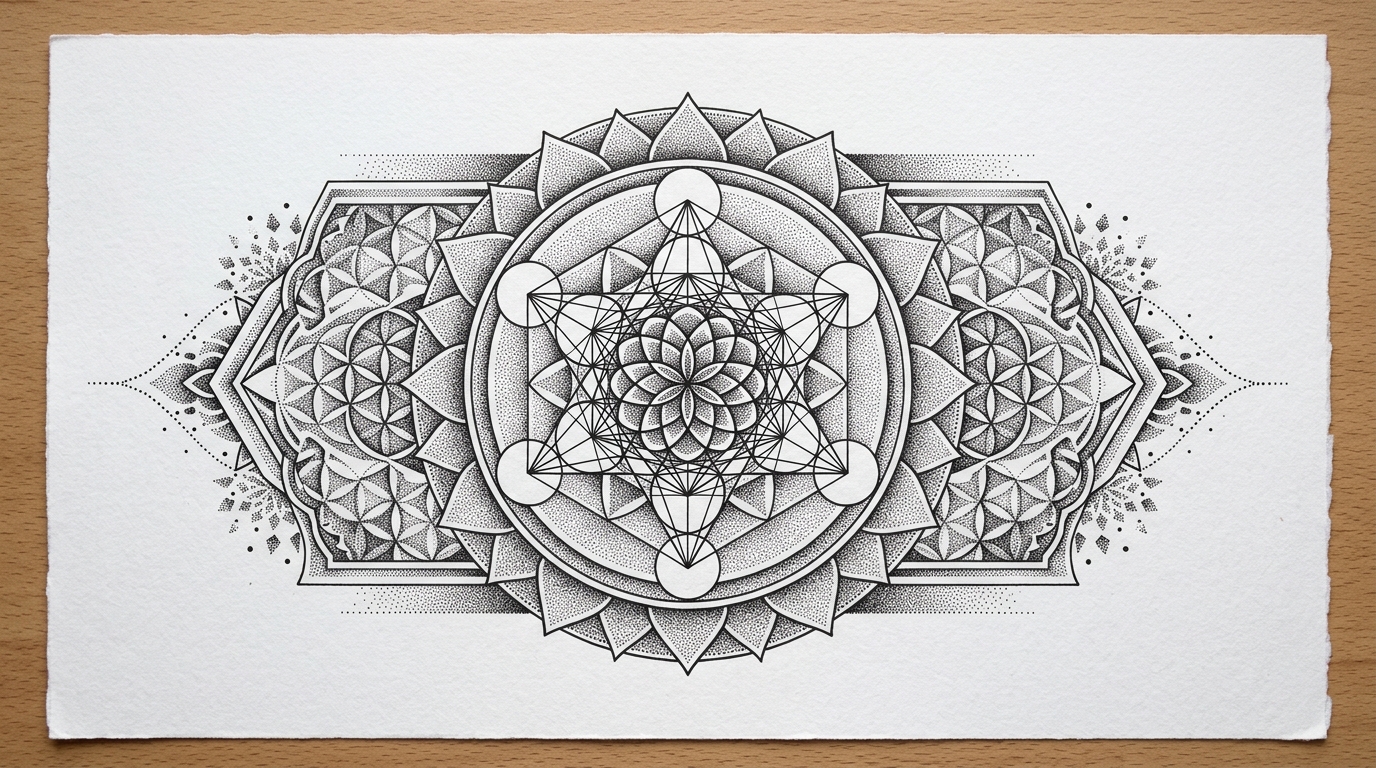 Эскиз тату в стиле дотворк: мандала из точек с геометрическими элементами