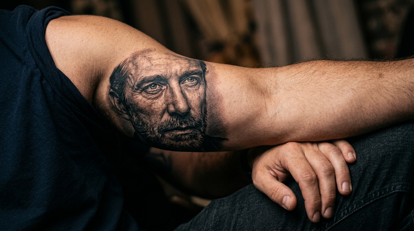 Реалистичная чёрно-серая портретная татуировка на плече
