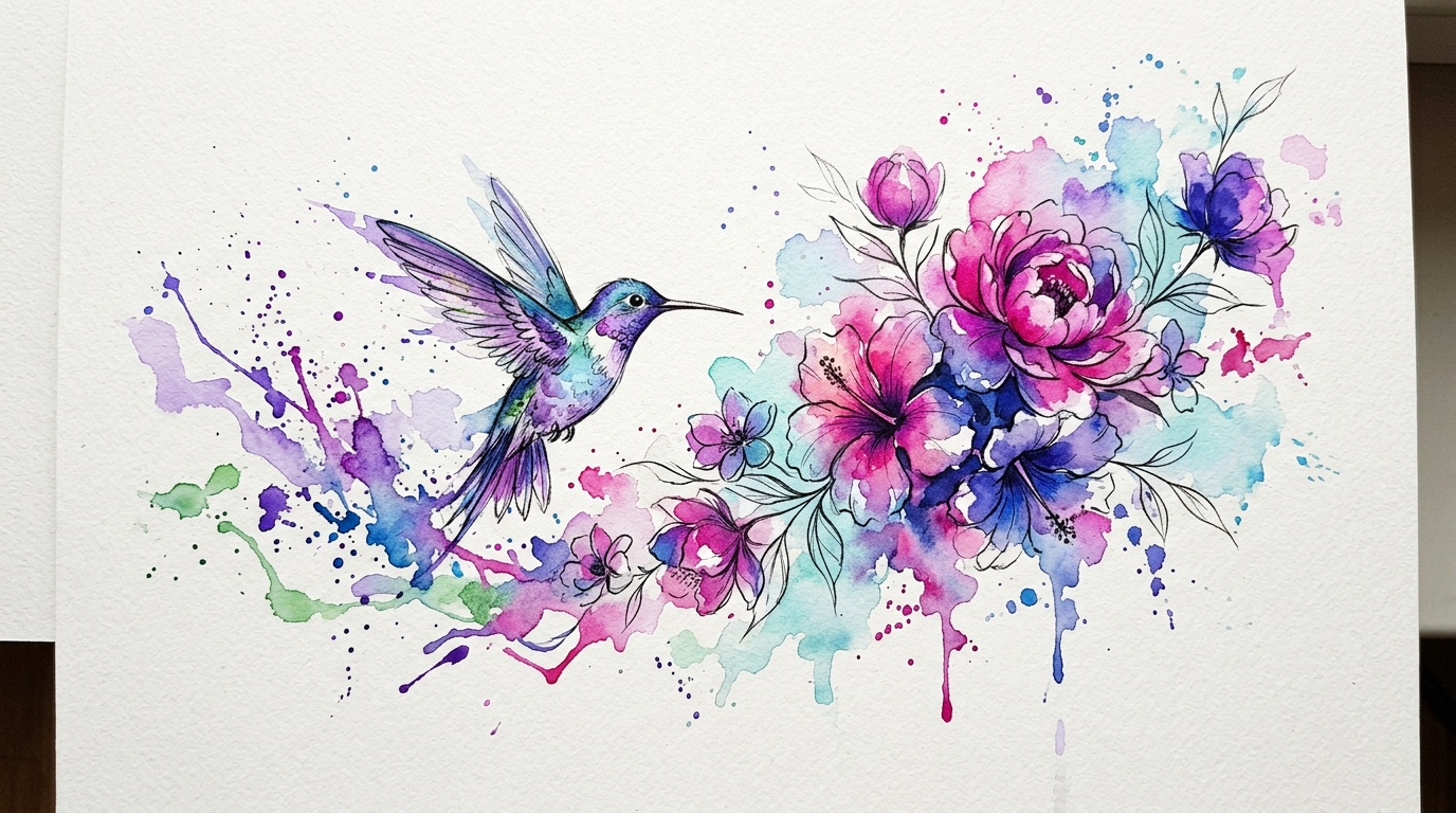 Эскиз тату в акварельном стиле: колибри с цветными всплесками