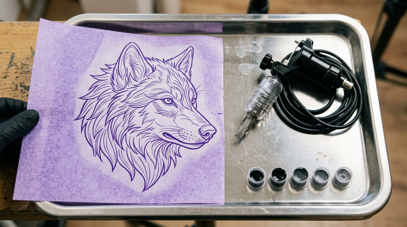Трафарет для тату: фиолетовый термотрансфер с контурным рисунком рядом с тату-машинкой