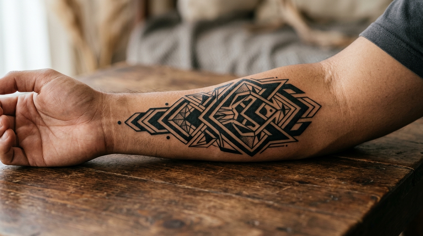 Блэкворк-тату с геометрическим абстрактным узором на предплечье