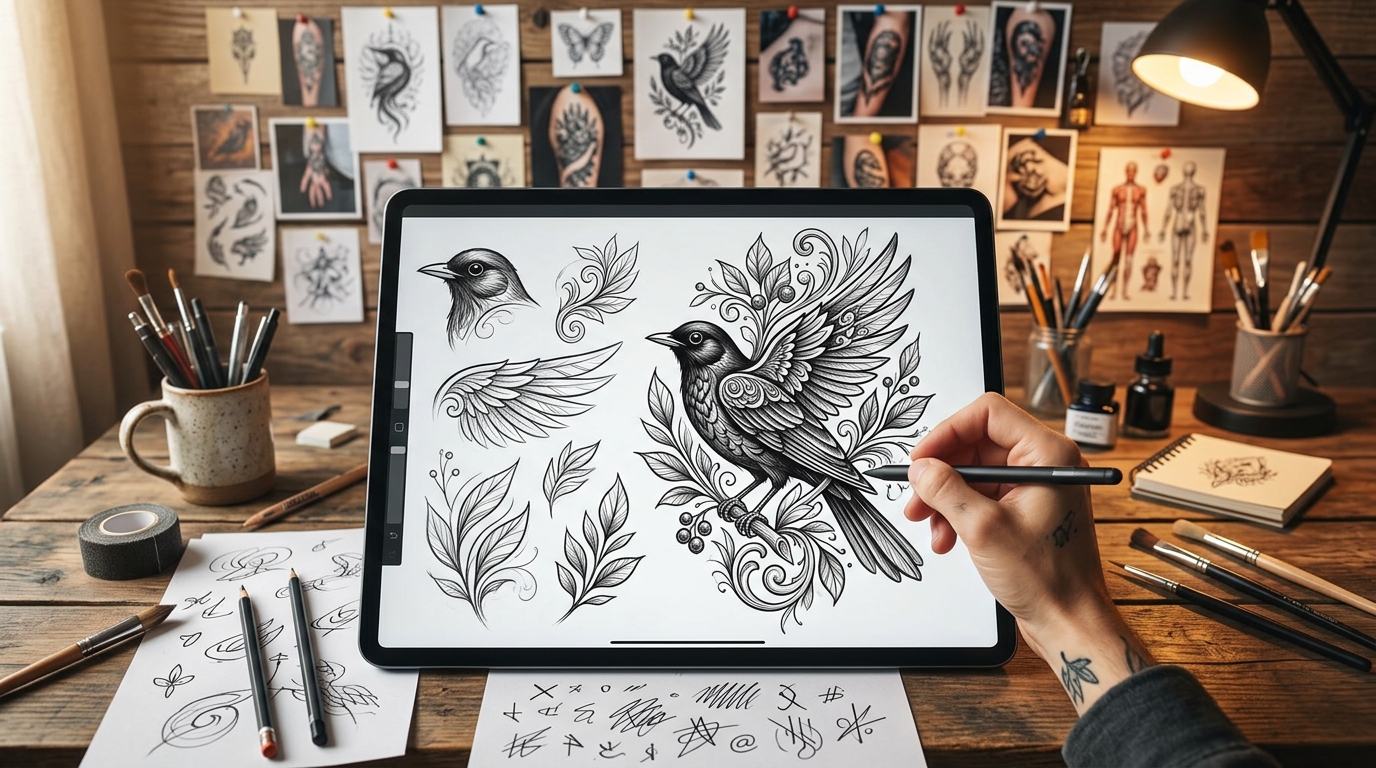 Рабочий процесс создания тату-дизайна: несколько итераций на планшете