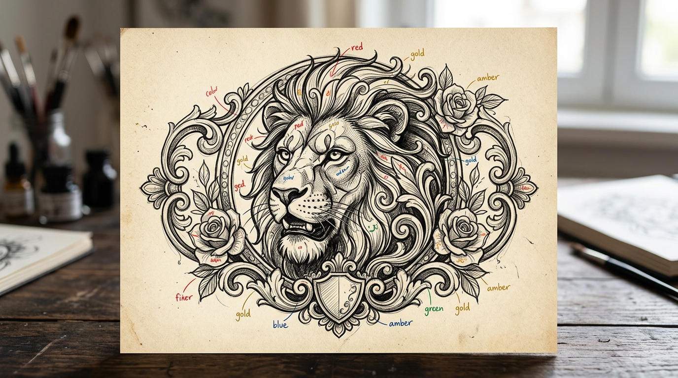 Эскиз тату в стиле нео-традишнл: лев в орнаментальной рамке