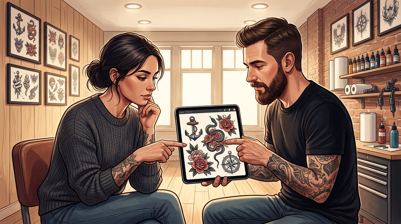 Клиент обсуждает тату-эскизы с мастером в салоне, планшет с дизайнами на столе
