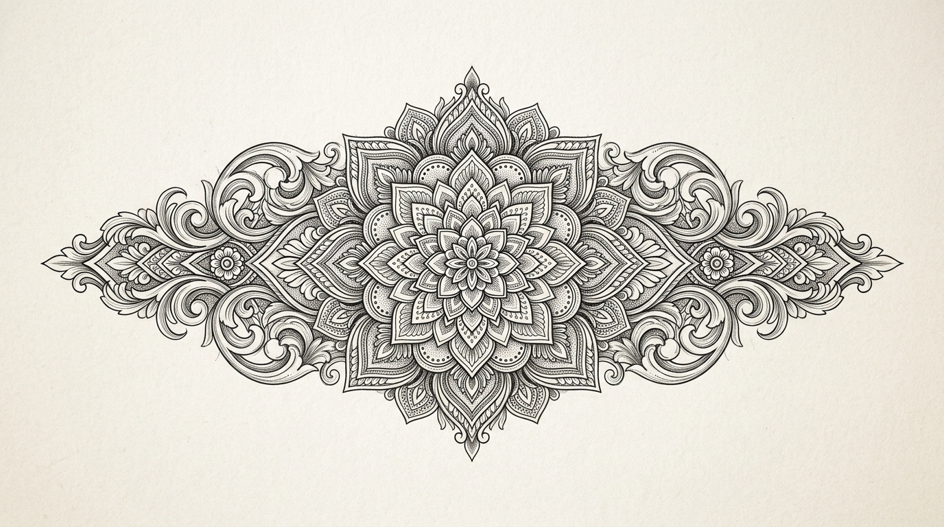 Орнаментальный эскиз татуировки: симметричная мандала с барочными элементами