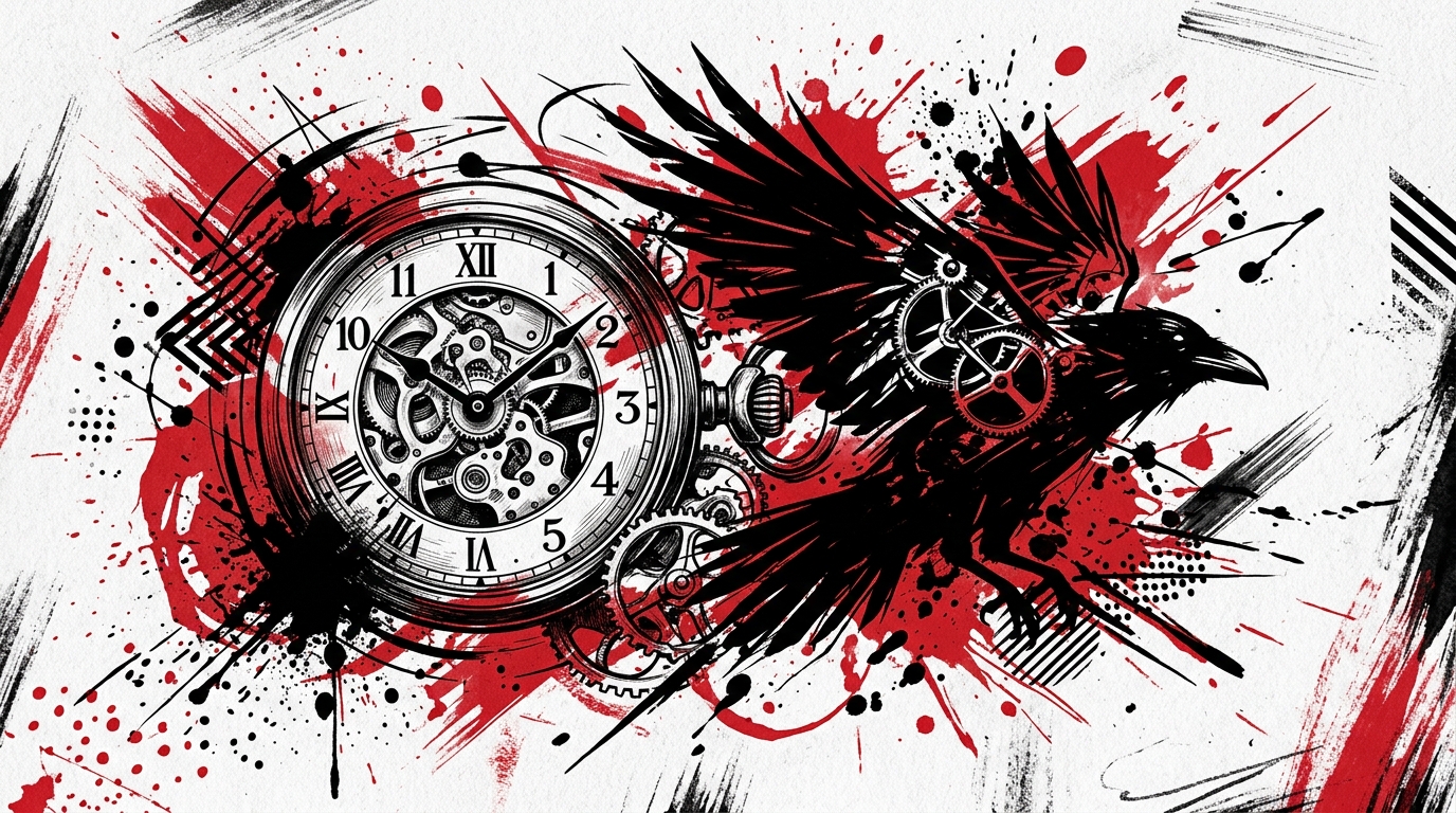 Эскиз тату в стиле трэш-полька: сочетание реализма с абстрактными красно-чёрными элементами