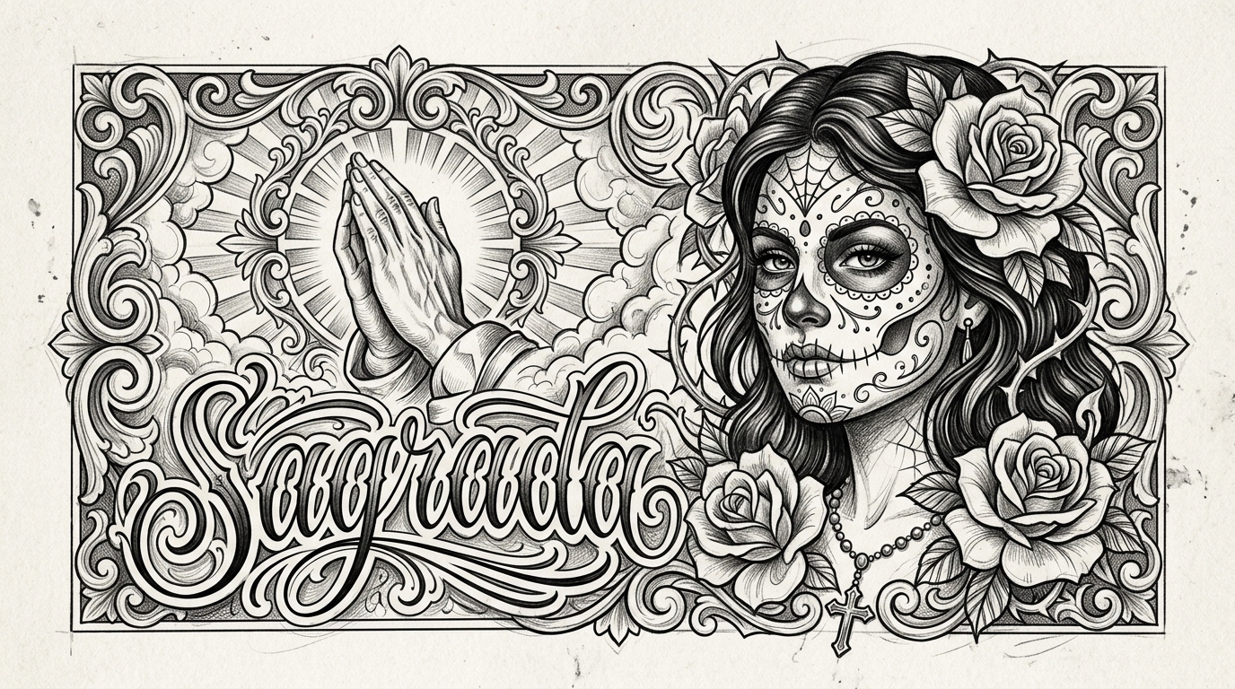 Эскиз тату в стиле чикано: портрет с элементами сахарного черепа и розами