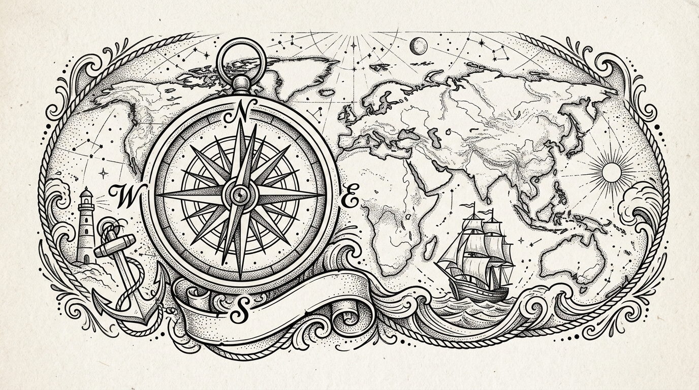 Тату-эскиз компаса с элементами карты мира и морскими мотивами