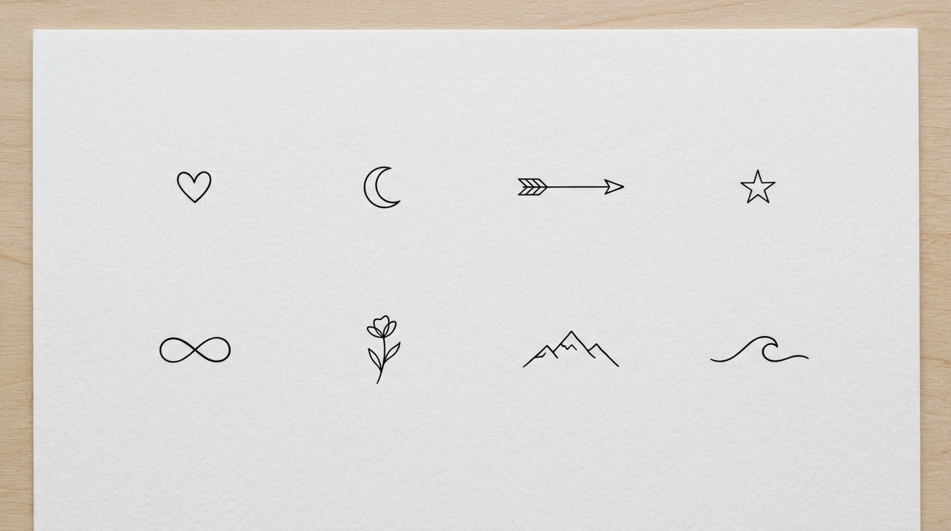 Коллекция маленьких минималистичных тату-дизайнов: сердце, луна, стрелка, звезда