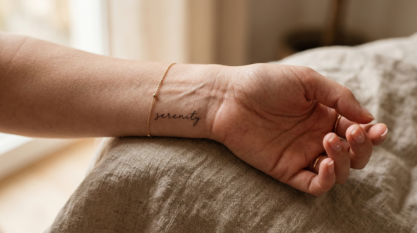 Минималистичная тату-надпись тонким шрифтом на запястье