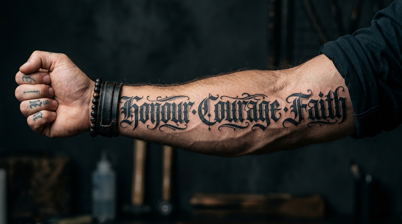 Готическая тату-надпись на предплечье у мужчины