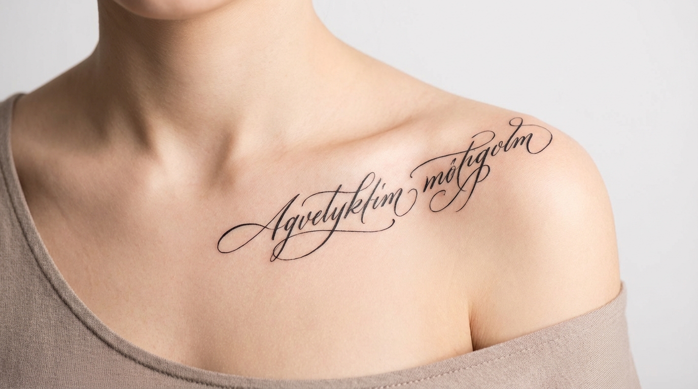 Каллиграфическая тату-надпись на ключице у девушки