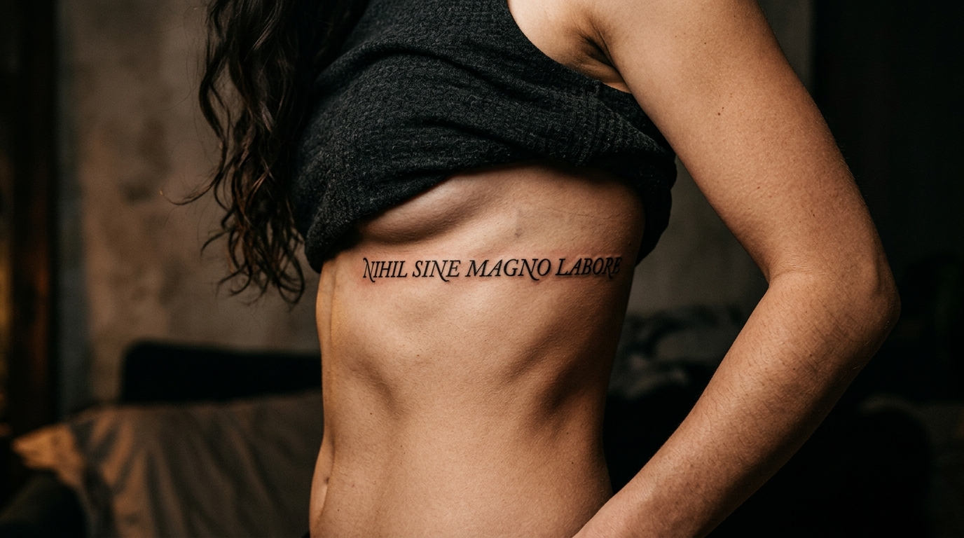 Тату-надпись на латыни серифным шрифтом на рёбрах