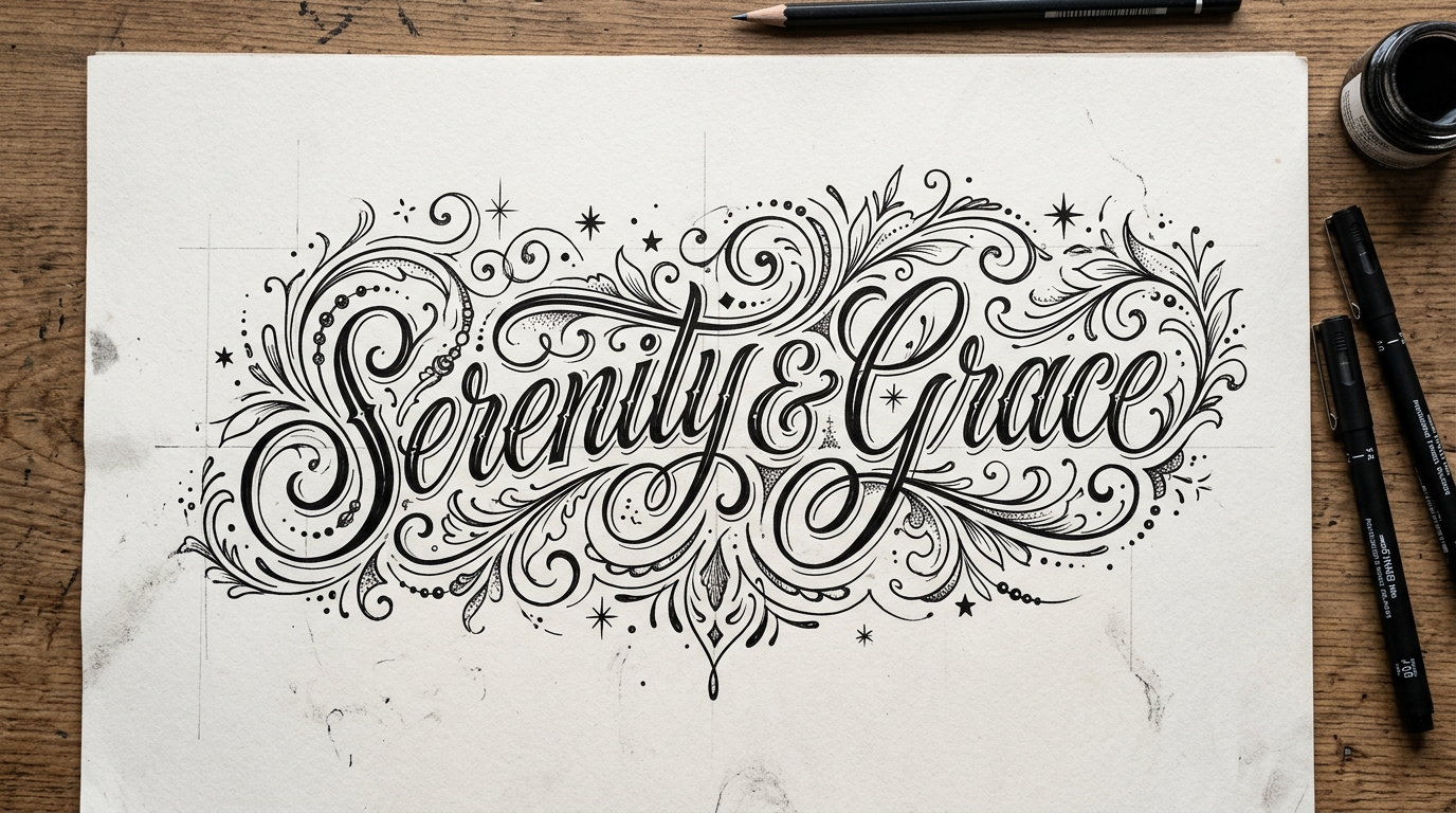 Декоративный эскиз тату-надписи с орнаментальными элементами