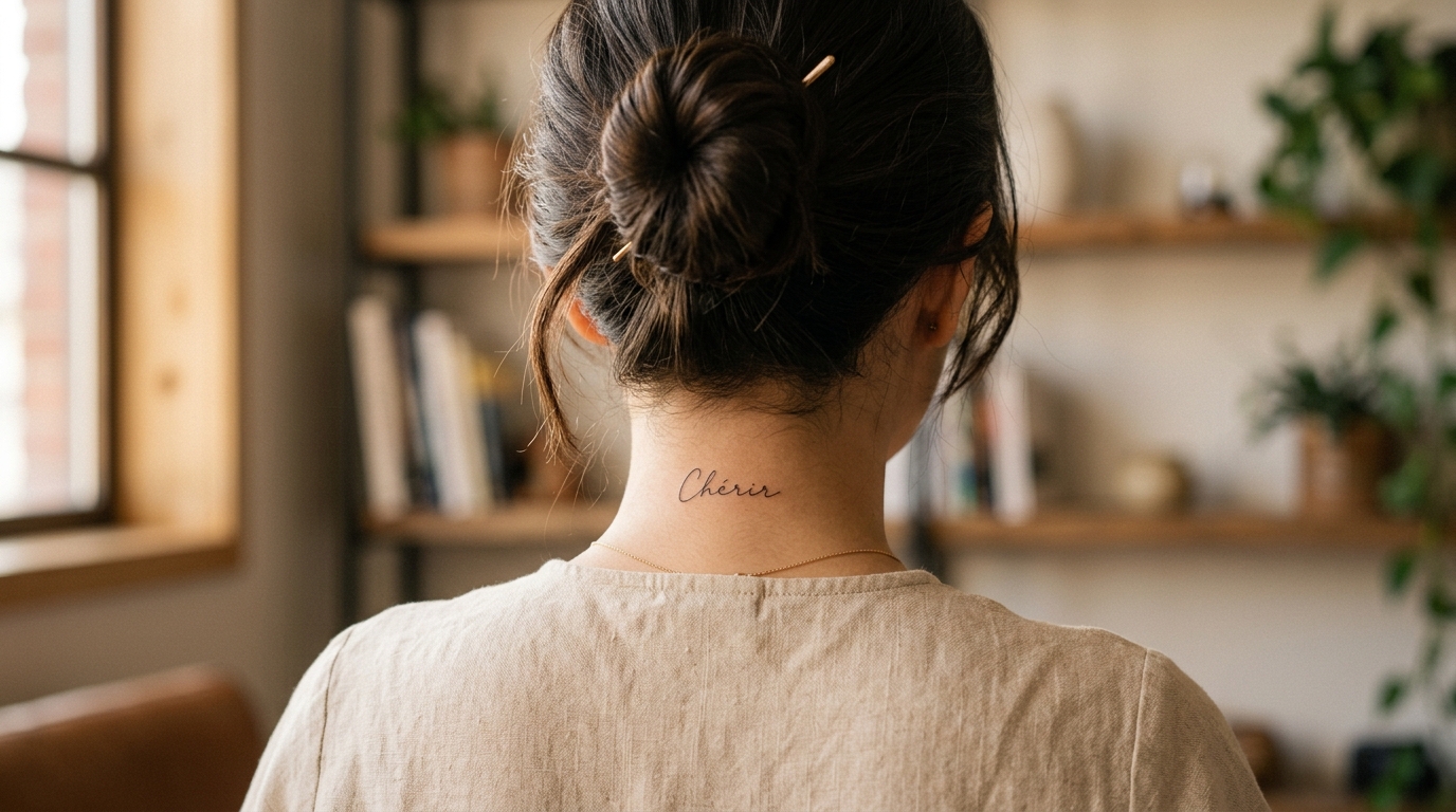 Маленькая тату-надпись на задней поверхности шеи