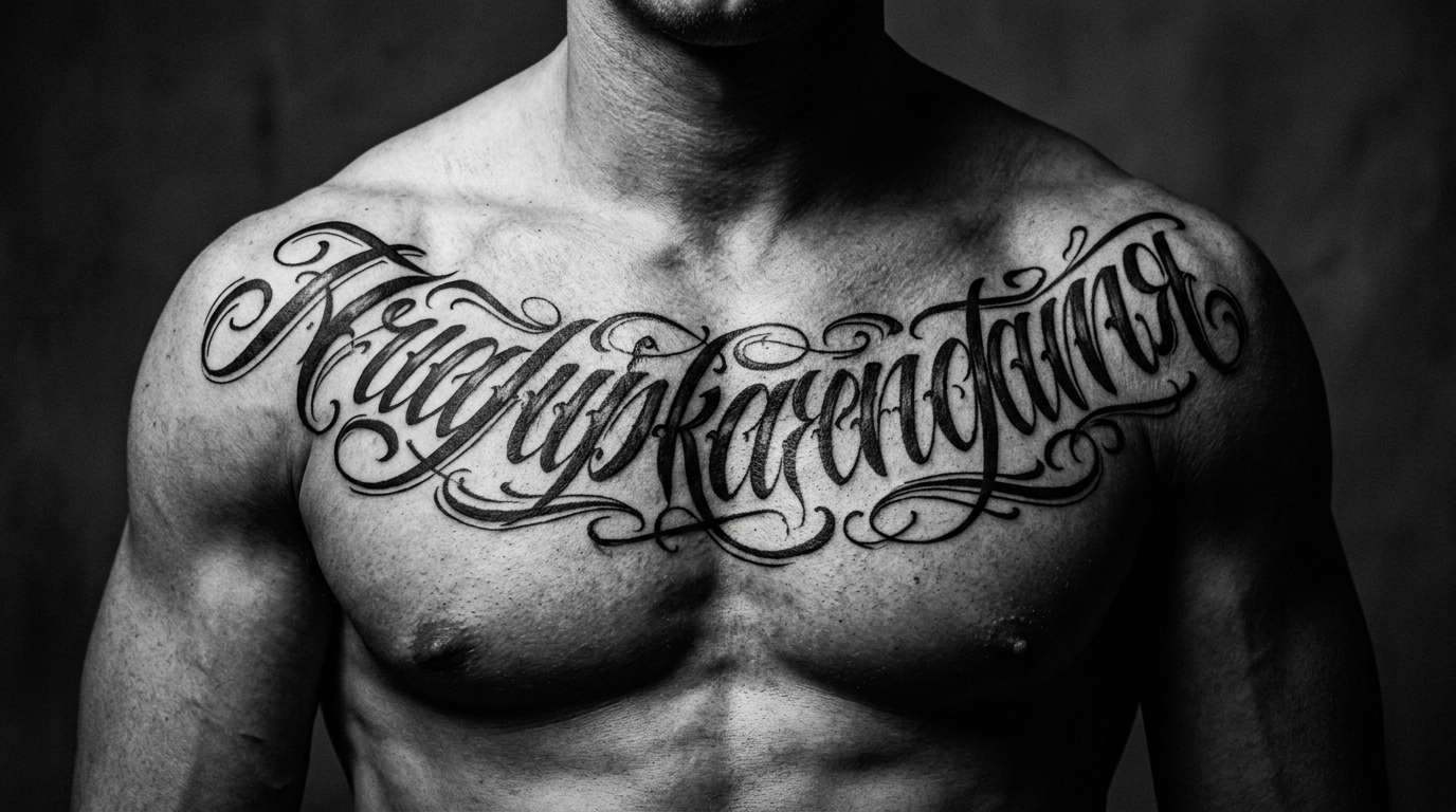 Крупная каллиграфическая тату-надпись на мужской груди