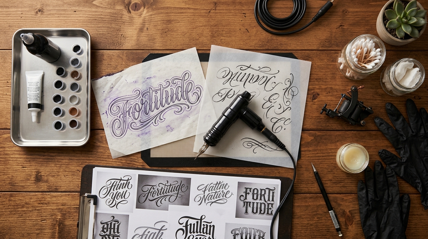 Рабочее место тату-мастера с эскизами надписей в разных стилях