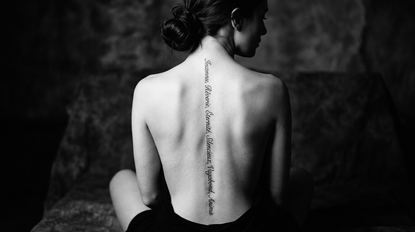 Тату-надпись вдоль позвоночника каллиграфическим шрифтом