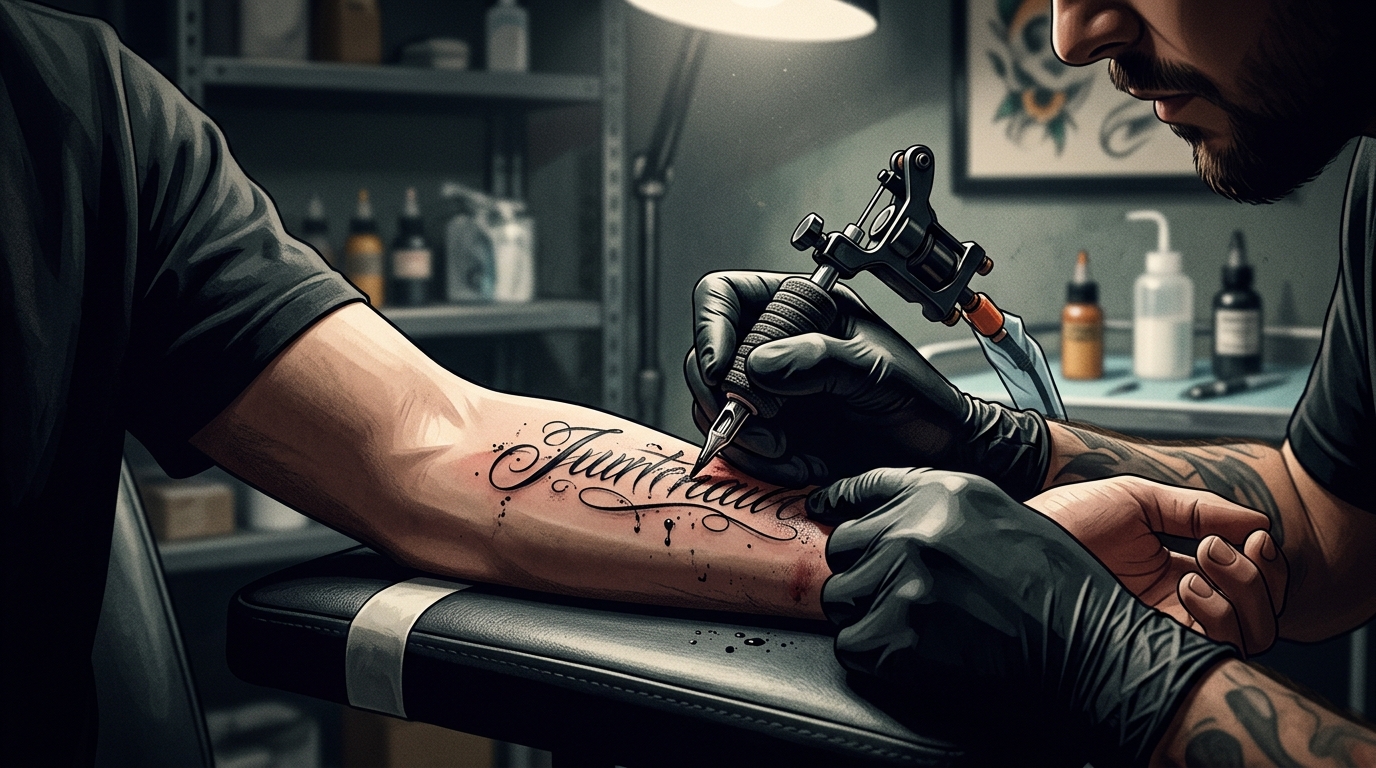 Мастер набивает тату-надпись на предплечье клиента