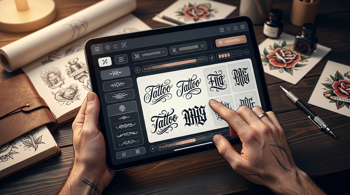 ИИ-генератор шрифтов для тату на экране планшета